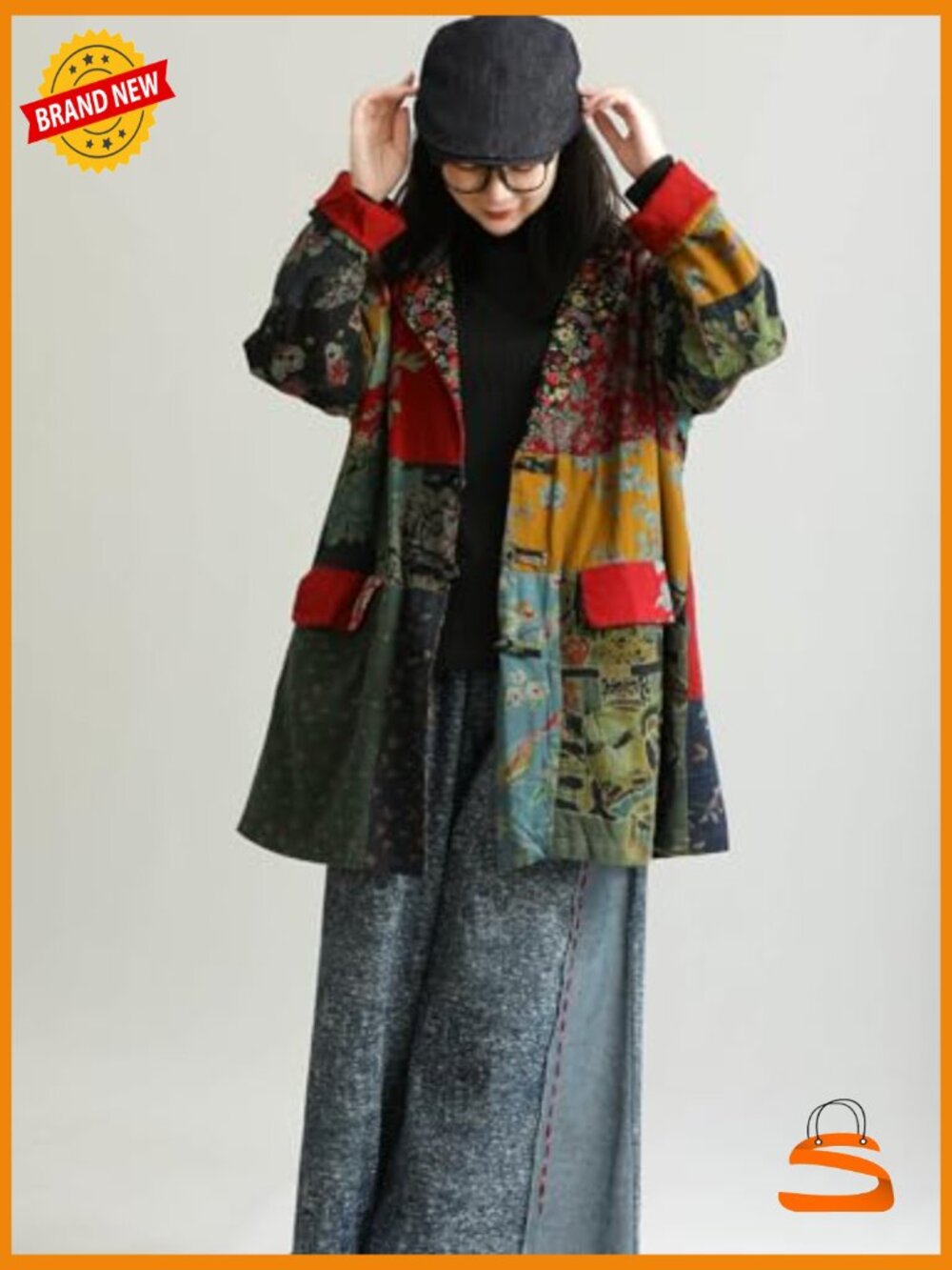 Patchwork Duster Coat, Handmade Frog Button Cotton Linen Bohemian Blazer - Picture 6 of 7